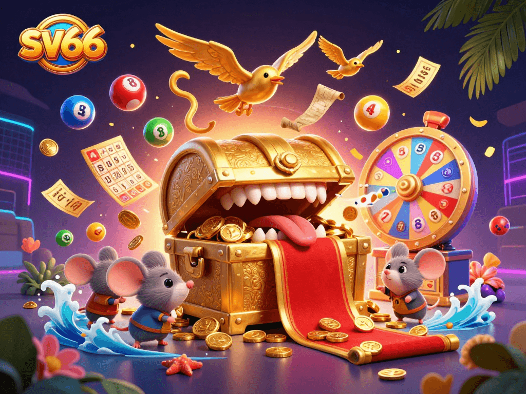 Engage with sv66's casino adventures as mice are lured by riches, amidst vibrant game elements.