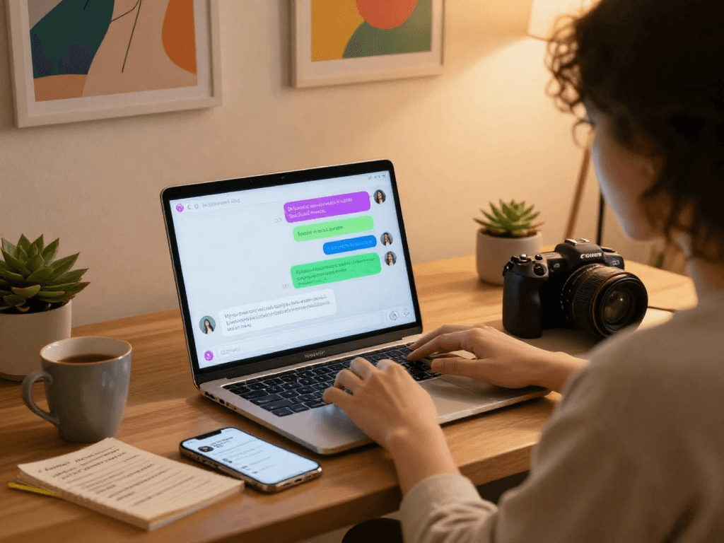 Engaging sex chat ai interaction in a cozy home office with a relaxed atmosphere