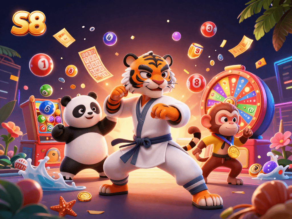 S8 provides an exciting gambling experience with vibrant lottery balls and engaging prizes in a fun, action-packed scene.