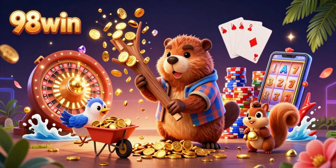 Experience thrilling wins with 98win in a vibrant casino scene featuring cartoon characters and gold coins.