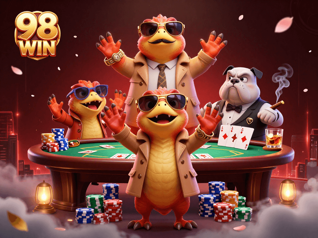 Experience thrilling gaming at 98 WIN with raptors in a trench coat entering a VIP casino lounge.