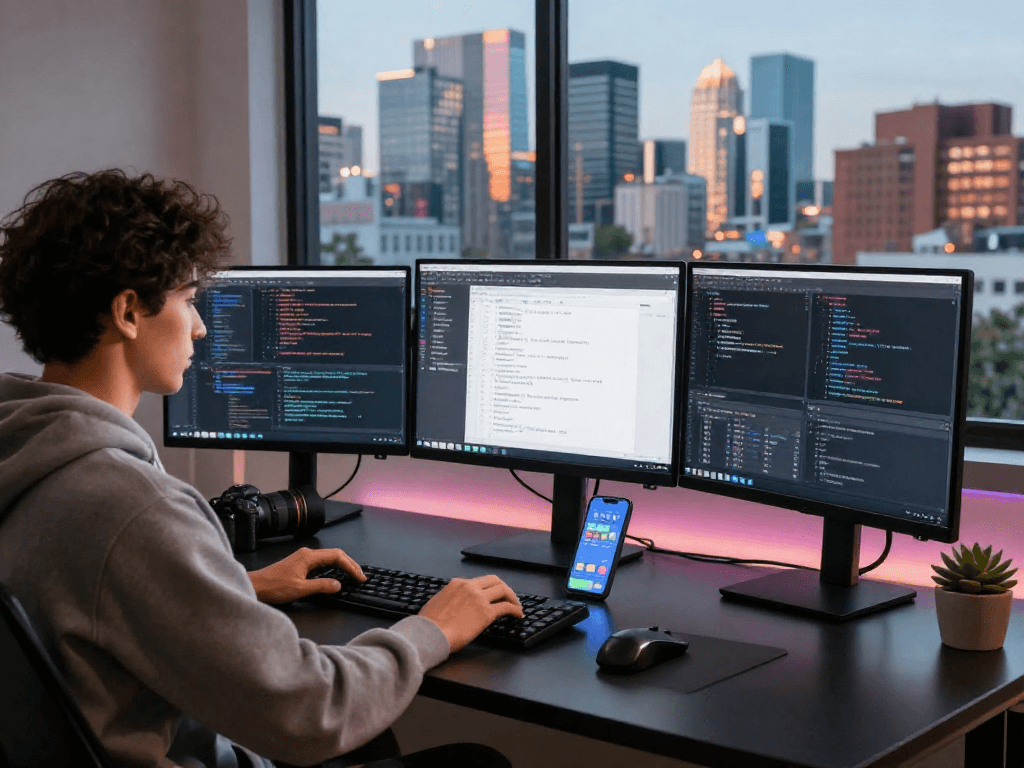 Dynamic software development environment featuring crushonai with a programmer at desk.