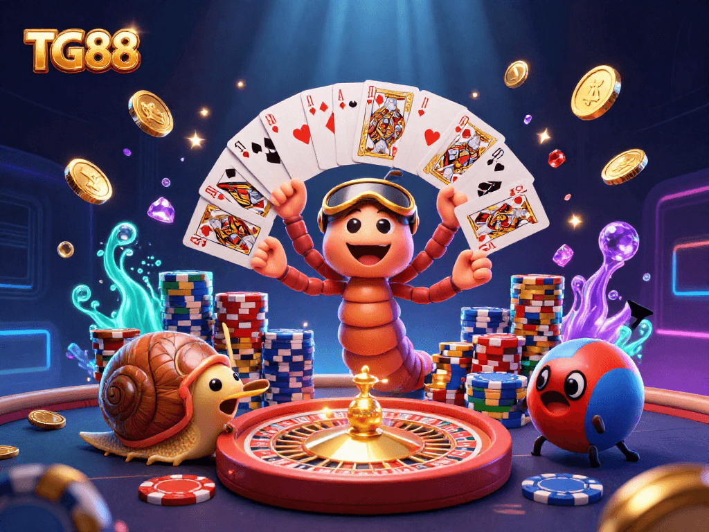 Place bets at TG88 with a vibrant 3D scene featuring exciting casino elements and characters.