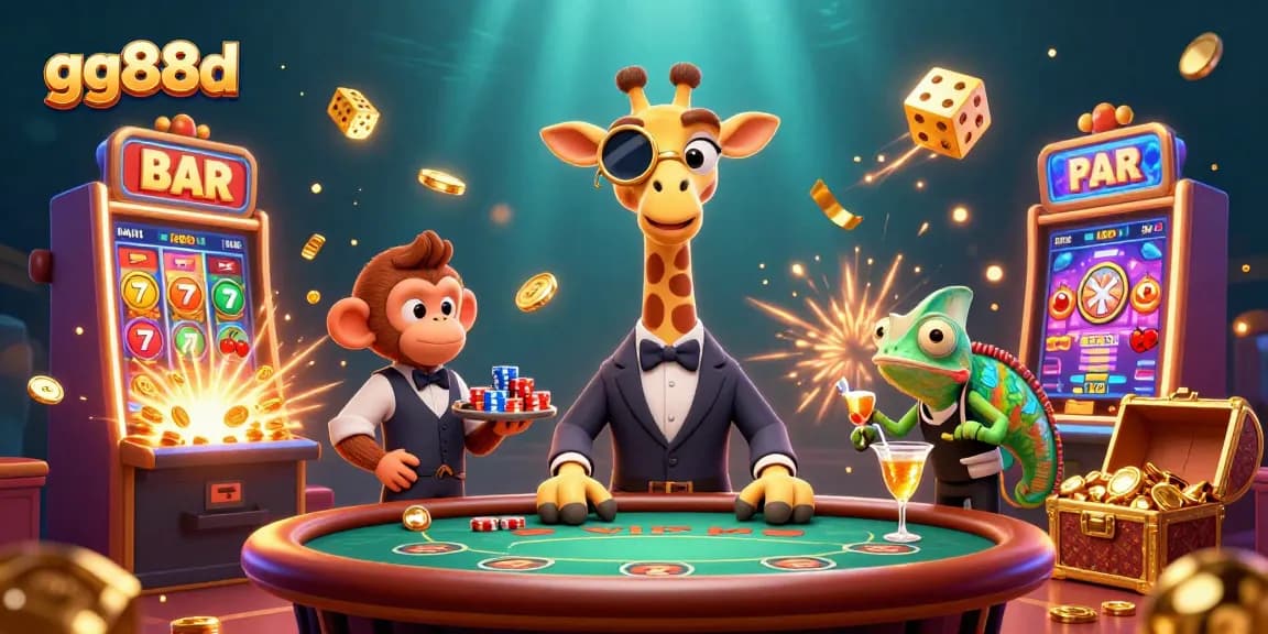 Experience excitement with gg88d as a giraffe high-roller, a monkey valet, and a chameleon bartender in a vibrant casino