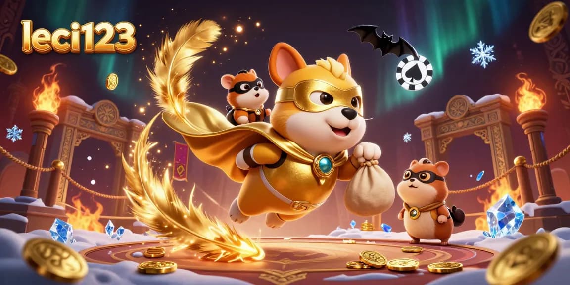 Experience exciting gameplay with leci123 as a superhero dog flies with gold coins in a vibrant casino scene.