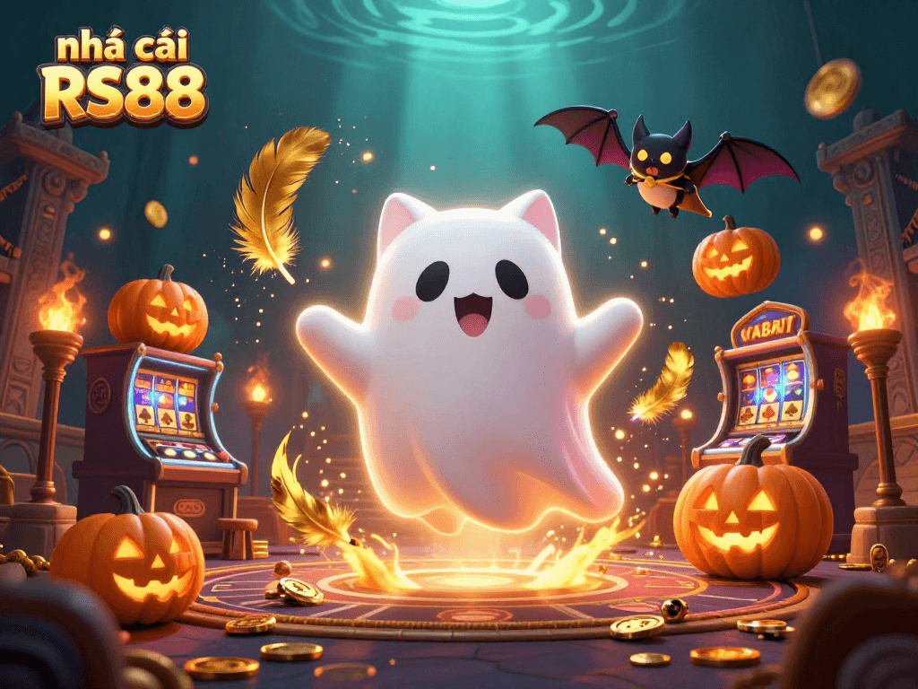 Engage with thrilling plays at nhà cái RS88, featuring a ghost cat and bat in a haunted casino.