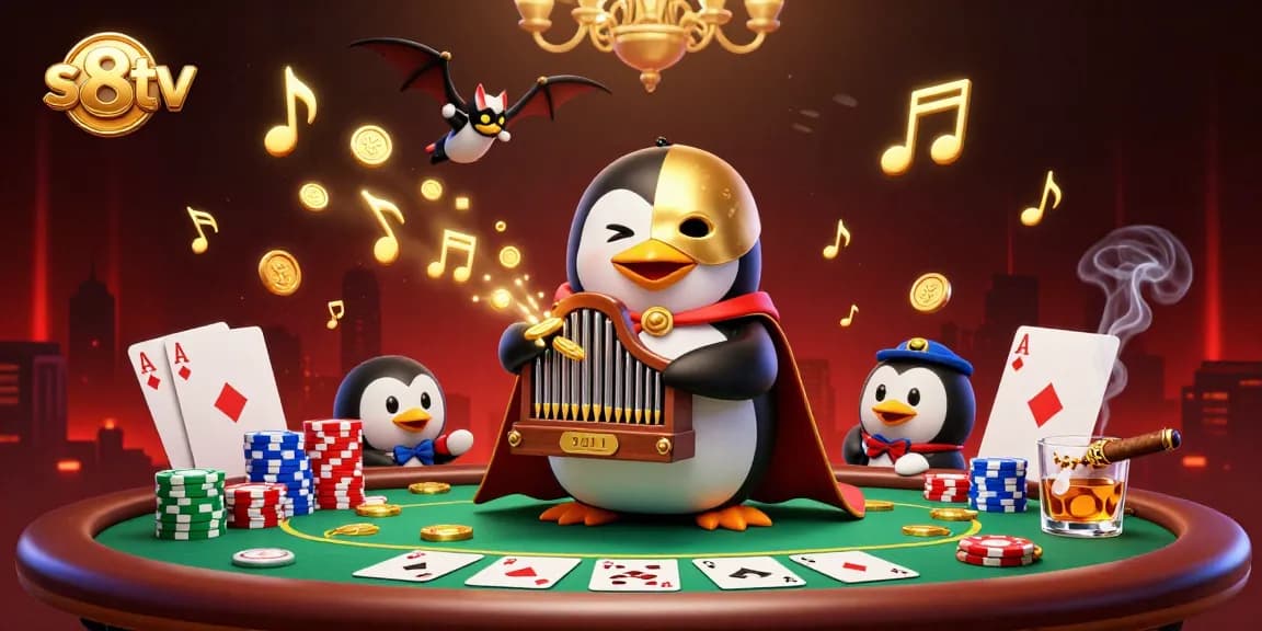 Experience thrilling gambling action at s8tv with a whimsical scene of a penguin playing an organ amidst a vibrant casino.