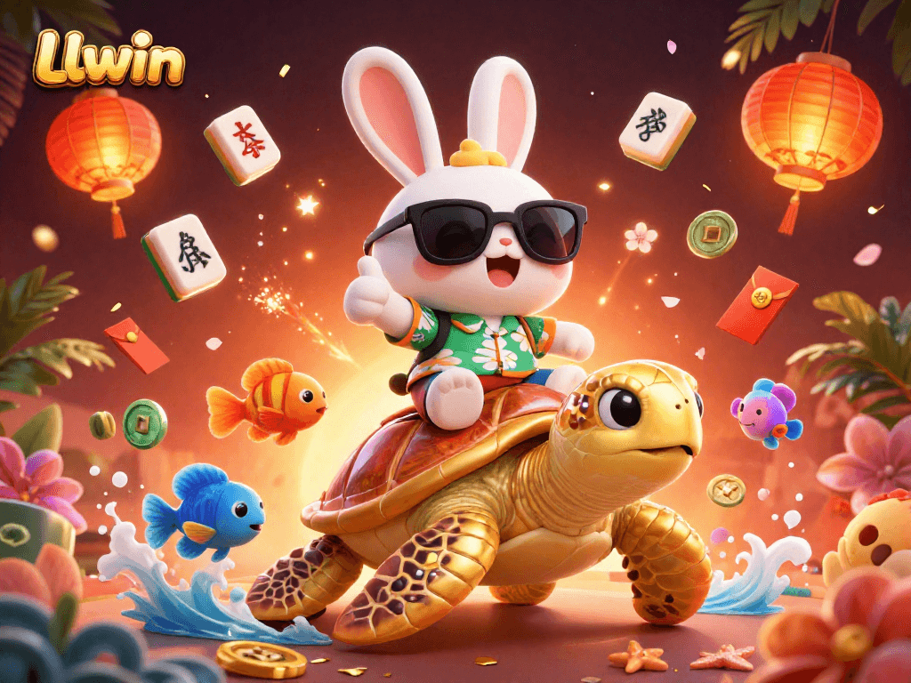 Experience the thrill of Llwin with a cartoon lucky rabbit and sea turtle in a vibrant casino scene.