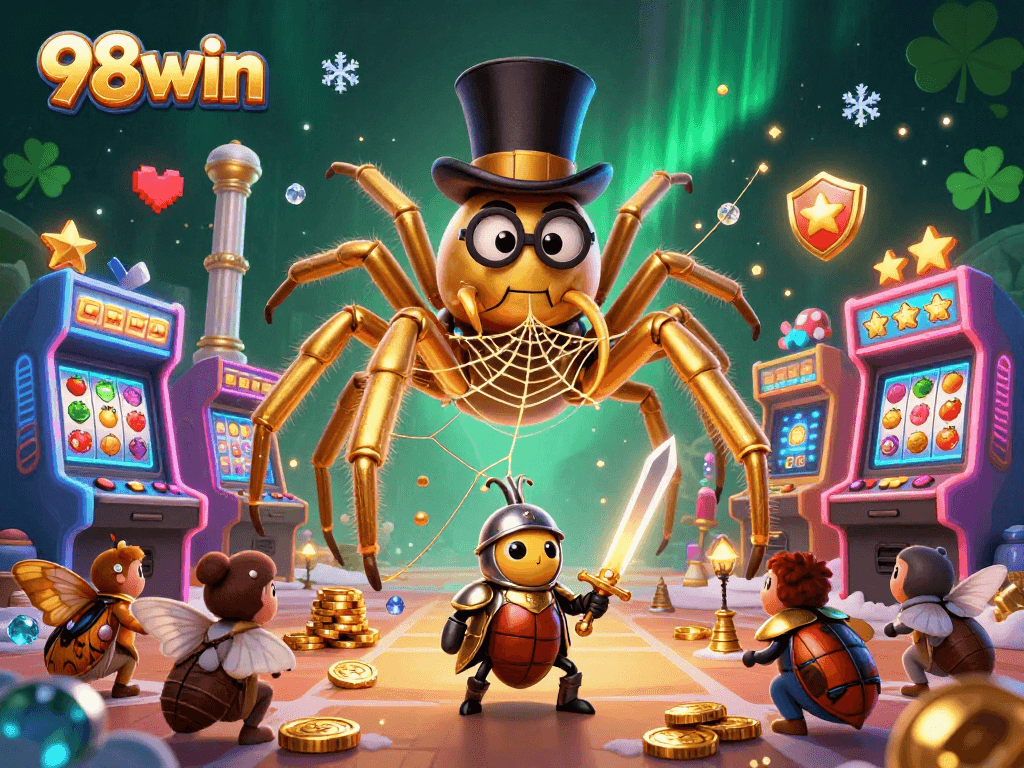 Experience thrilling gameplay at 98win, where a brave beetle knight faces a golden tarantula amidst exciting casino-themed elements.
