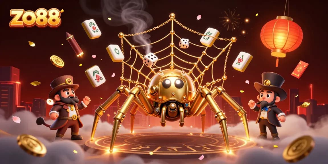 Experience the excitement at zo88 with a steampunk spider capturing dice in a vibrant casino scene.