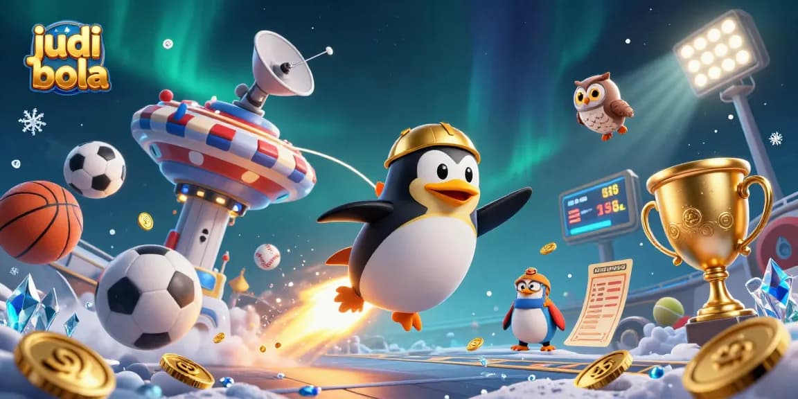 Experience thrilling judi bola action as a golden penguin blasts through a cosmic casino landscape.