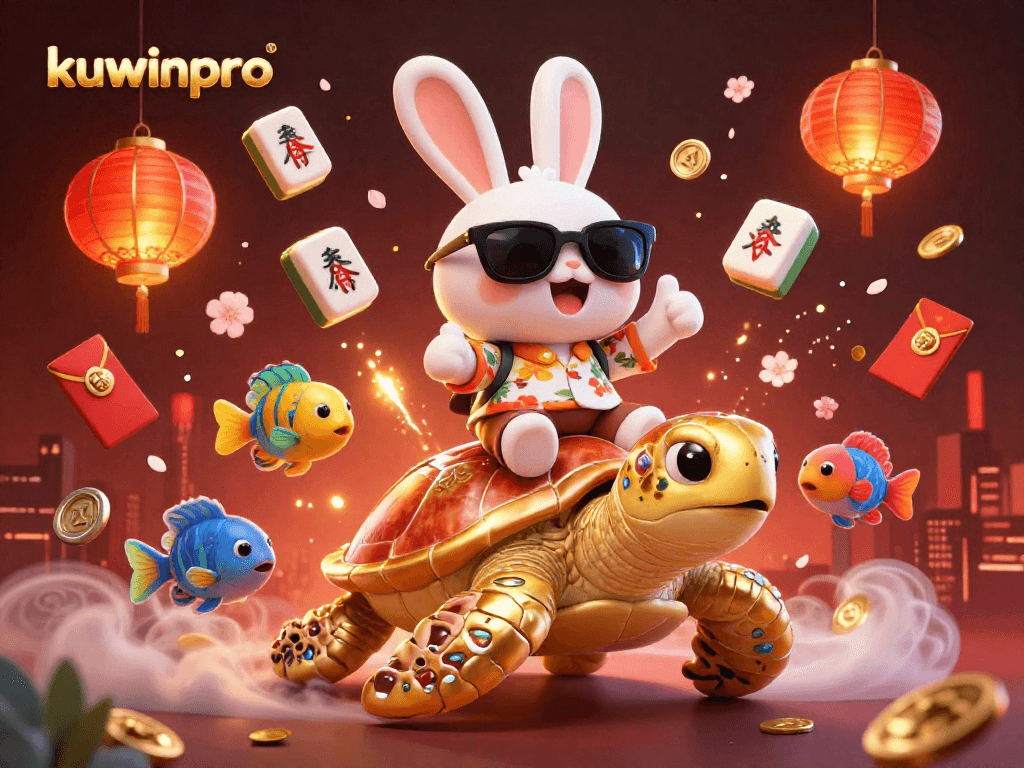 Experience winning moments at kuwinpro with a lucky rabbit on a golden turtle amidst vibrant casino elements.