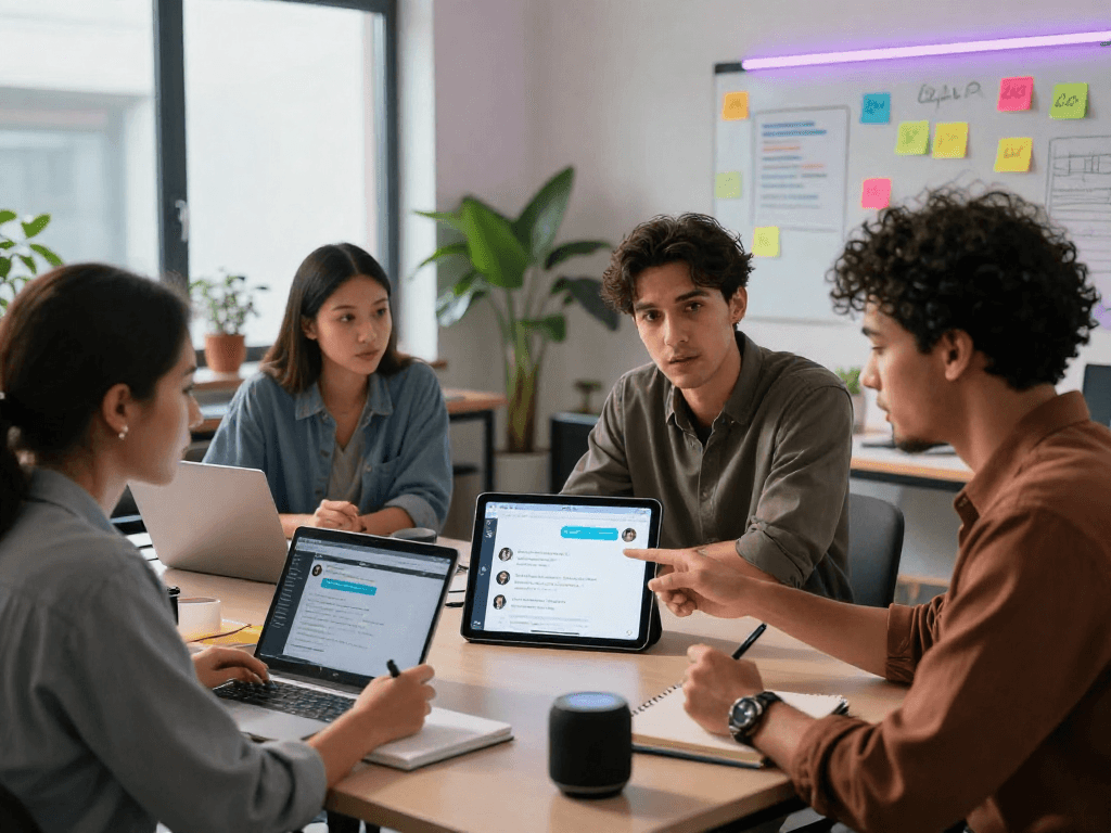 Engaging juicy AI chat discussion in a modern workspace with tech devices and vibrant atmosphere.