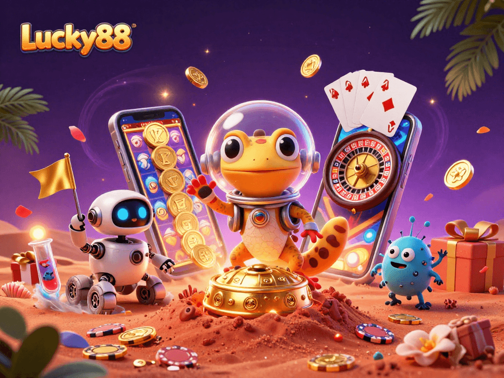 Experience Lucky88 with a Martian gecko discovering a treasure-filled casino, surrounded by exciting game dynamics.