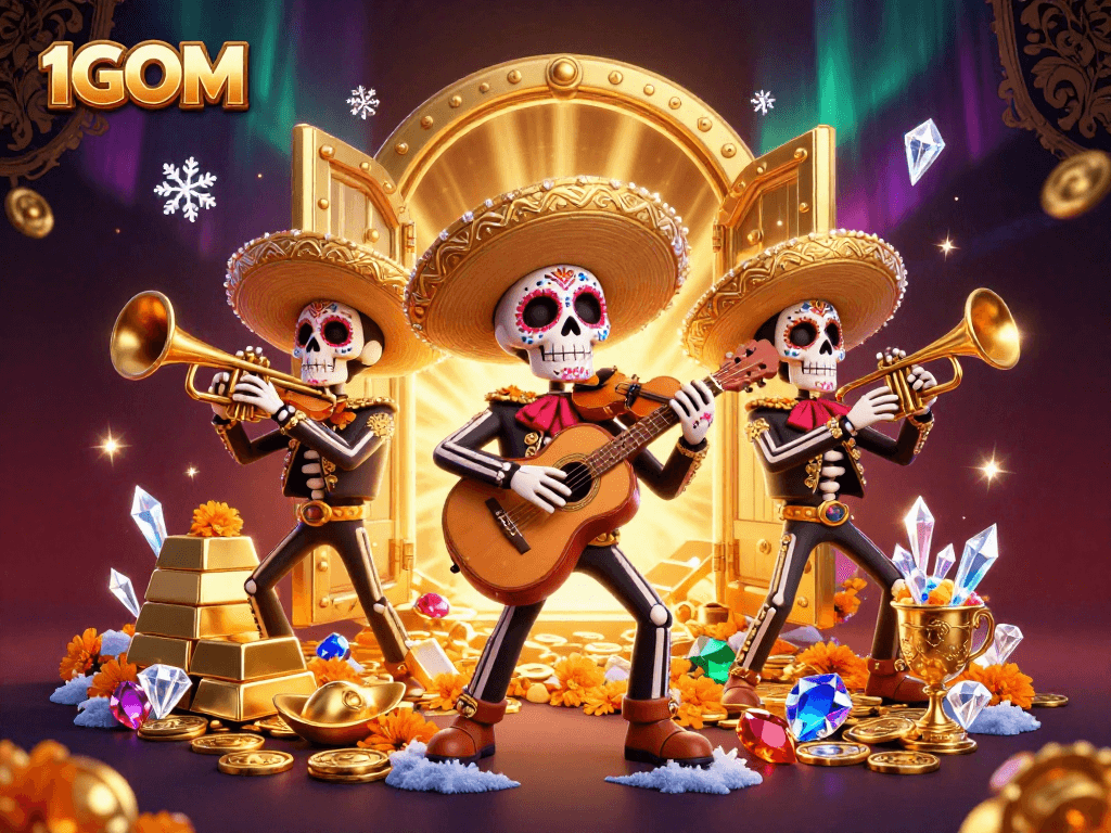 Experience thrilling wins at 1GOM while enjoying vibrant casino fun with mariachi skeletons.