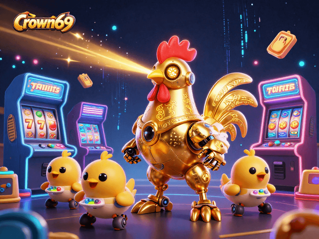 Experience the gaming thrill with crown69 featuring vibrant 3D casino elements and dynamic golden rooster robot.