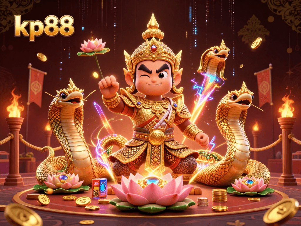 Engage with kp88's thrilling casino world, featuring a guardian and serpents with shimmering treasures.
