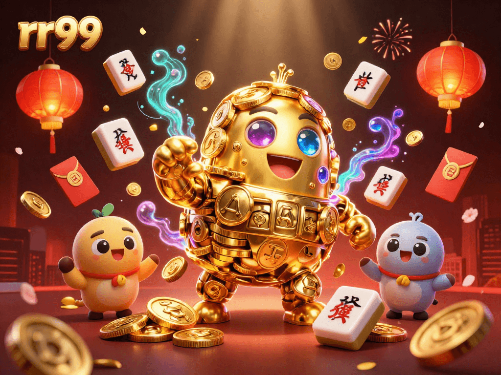 Engage with rr99 in a vibrant casino scene, featuring golden golem and festive game elements.