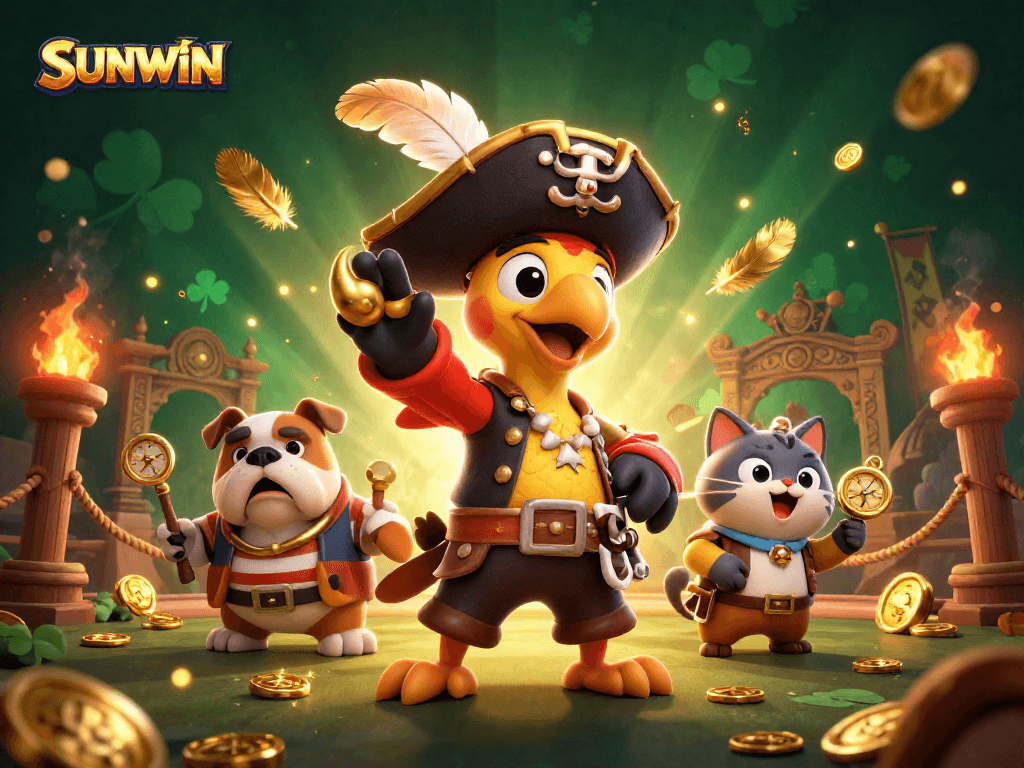 SUNWIN showcases a lively pirate scene with characters and vibrant casino elements, perfect for gaming excitement.