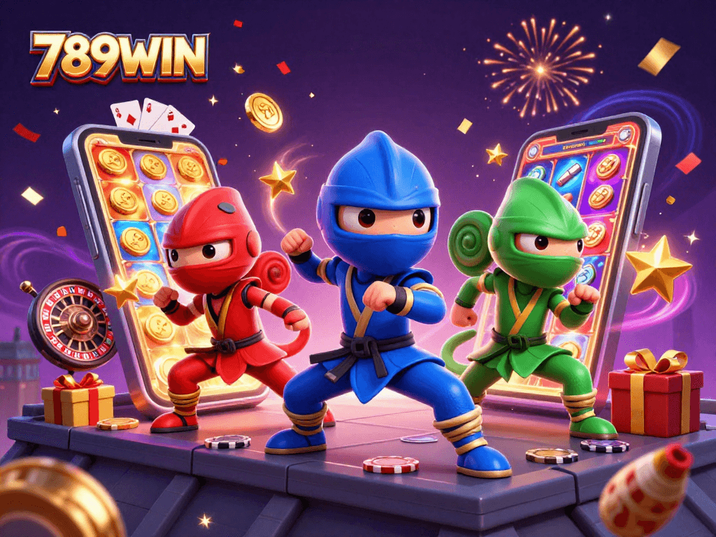 Engage with thrilling 789WIN gaming action featuring colorful chameleon ninjas and casino excitement.