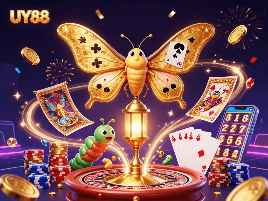 Experience the thrill of UY88 with vibrant casino elements and animated characters in a dazzling 3D illustration.