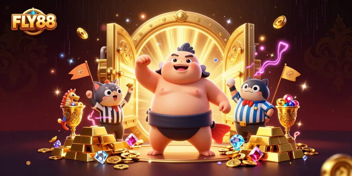 FLY88 showcases a vibrant underwater casino scene with a fugu in a sumo belt, emphasizing vibrant gaming energy.