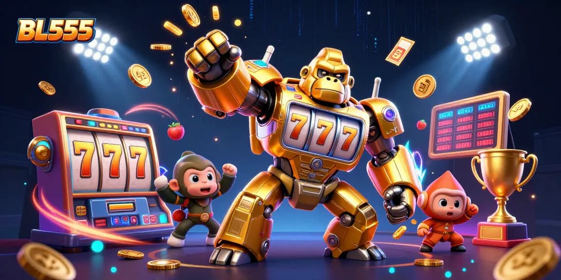 Experience the thrill of gaming at BL555 with a golden mech and vibrant casino elements.
