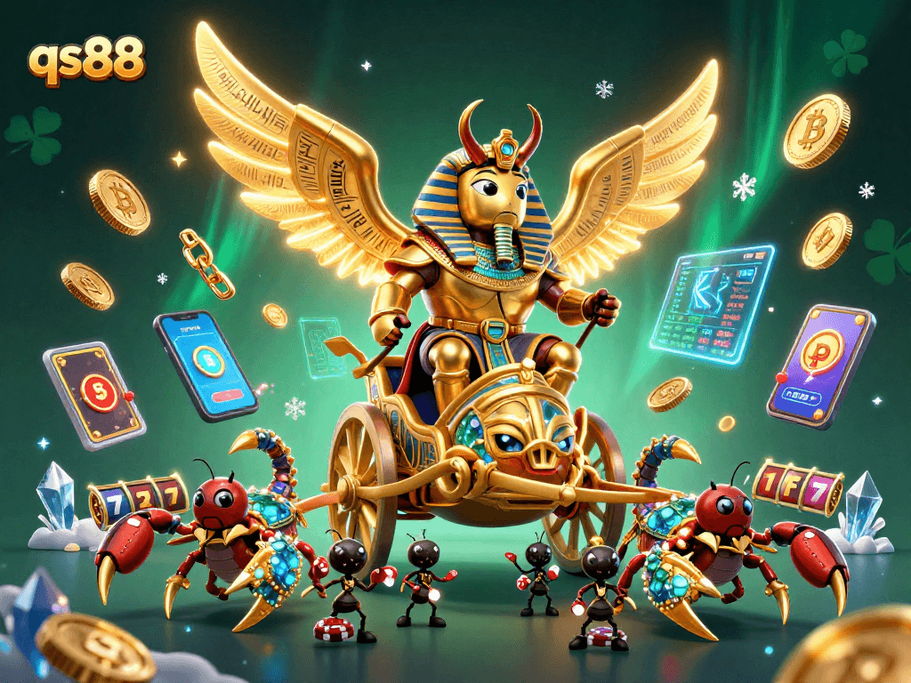 Experience qs88's exciting gameplay with a dynamic scene featuring a colossal scarab and precious coins.