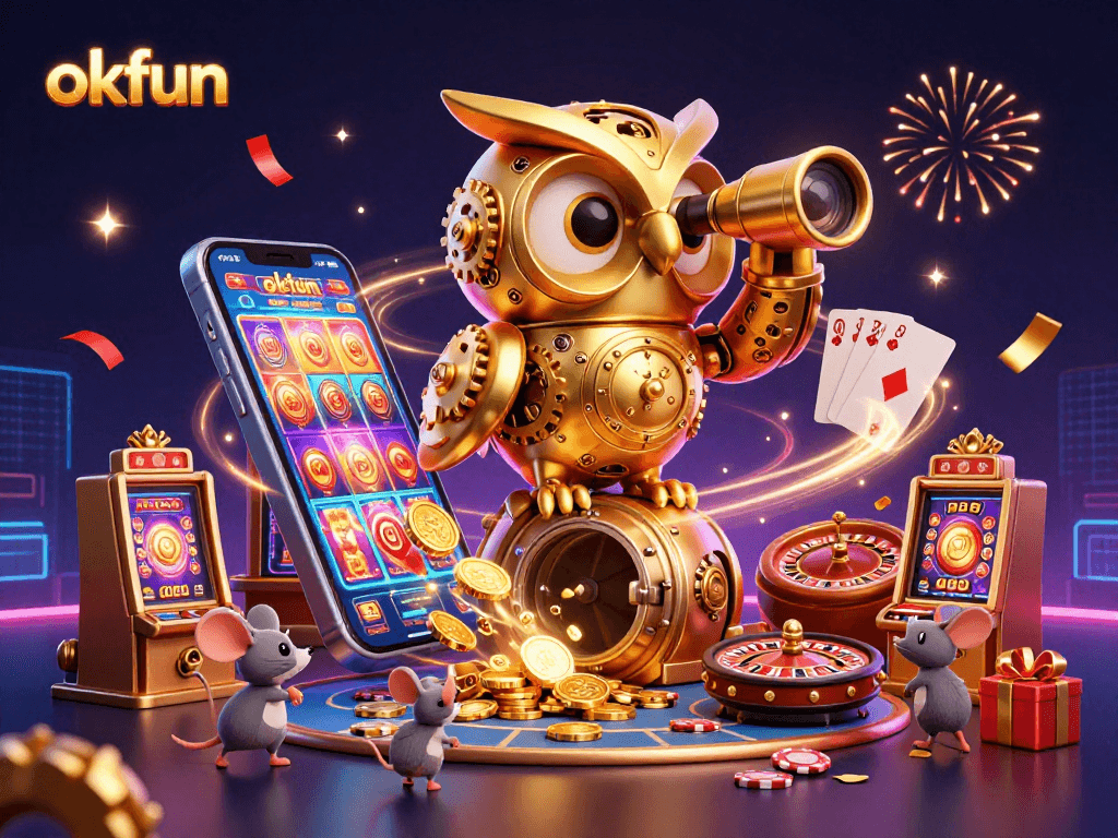 Engage in thrilling casino wins with OKFUN's vibrant 3D gaming scene featuring dynamic characters.