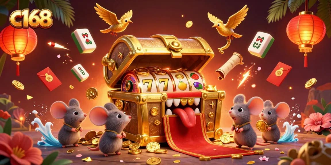 Experience c168's thrilling adventure as mice are lured by a treasure chest amidst vibrant casino-themed elements.
