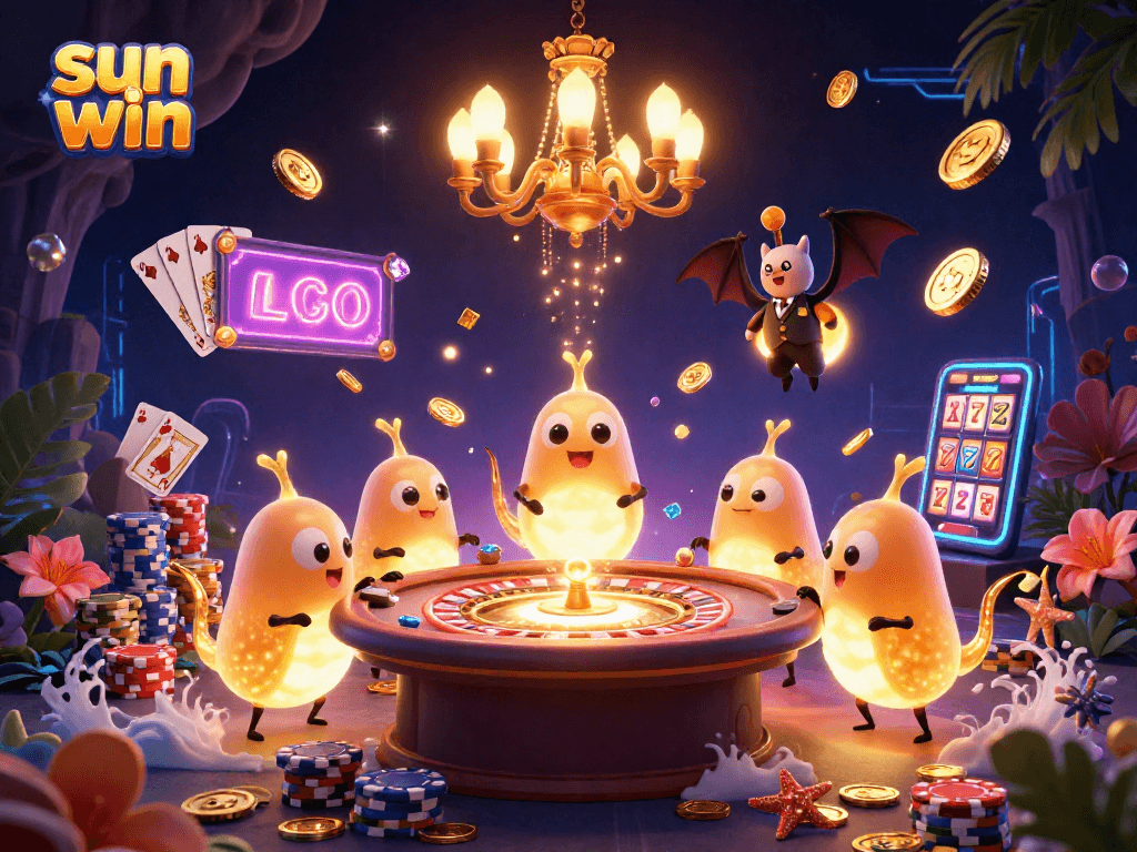 Spin to win at Sun Win with glowing casino scenes, vibrant cards, and animated gaming action.