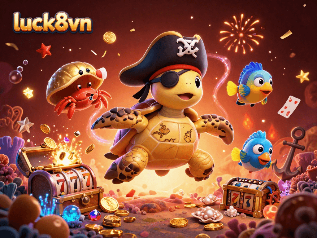 Experience thrilling slots at luck8vn with dynamic characters floating above treasures and casino elements.