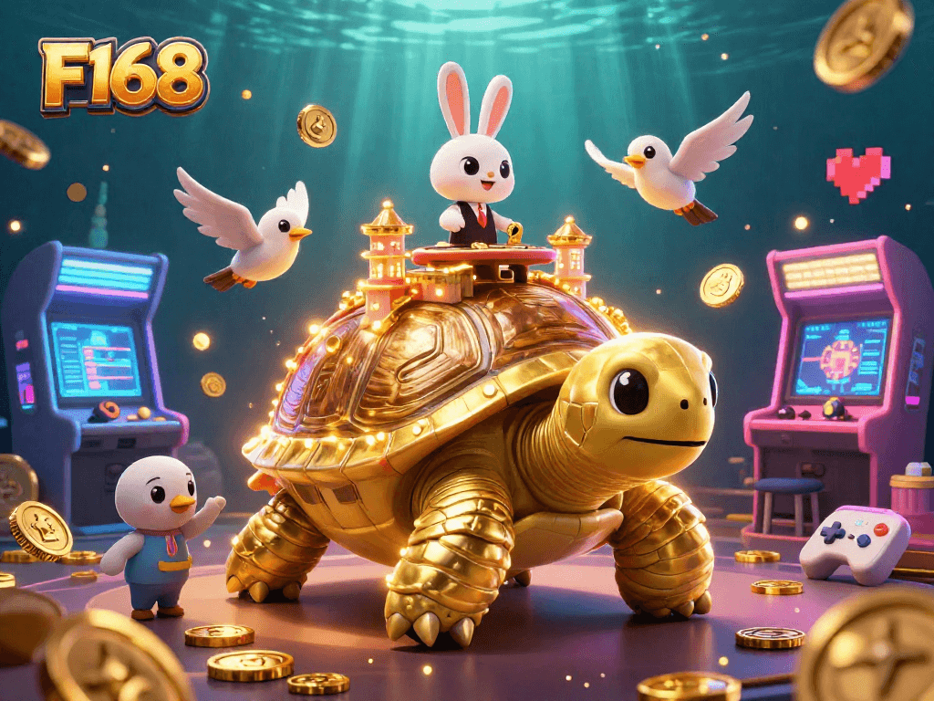 Play vibrant games at F168's 3D casino with a golden tortoise and a rabbit dealer.