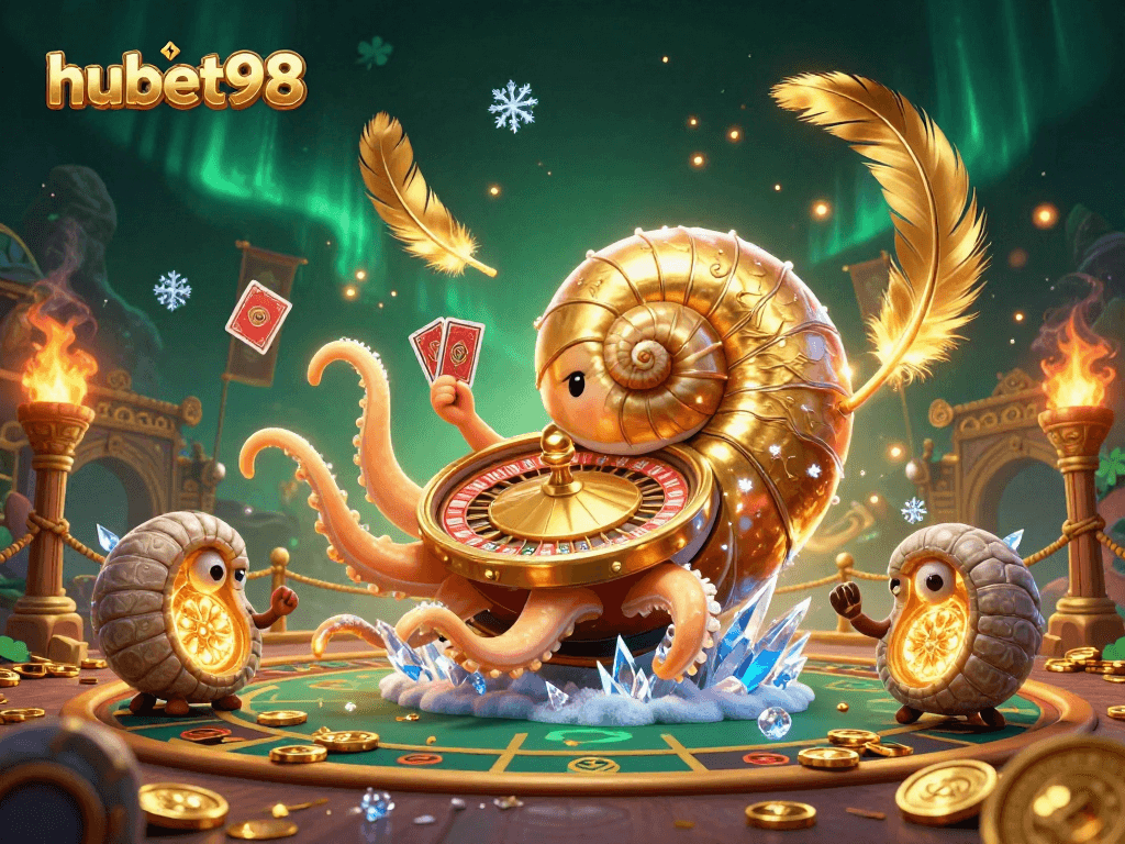 Experience thrilling gameplay with hubet98 at a vibrant 3D casino featuring a roulette nautilus and glowing cards.