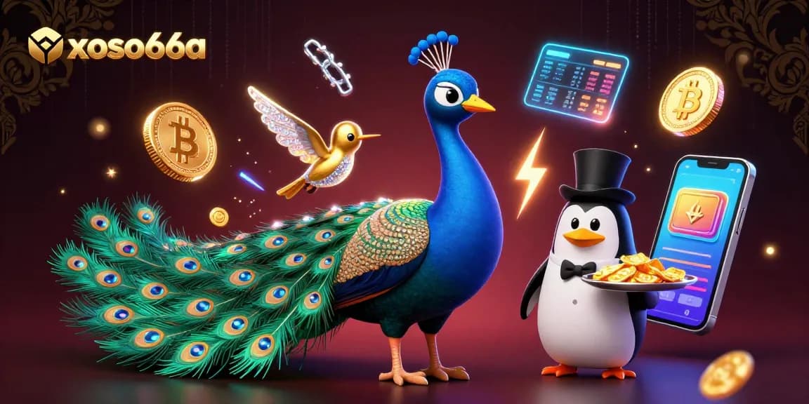 Experience the thrill of xoso66a with an extravagant 3D casino scene featuring a peacock, penguin, and hummingbird.