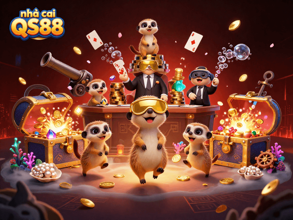 Experience the vibrant world of nhà cái QS88 as meerkats orchestrate an exciting casino scene with treasures and games.