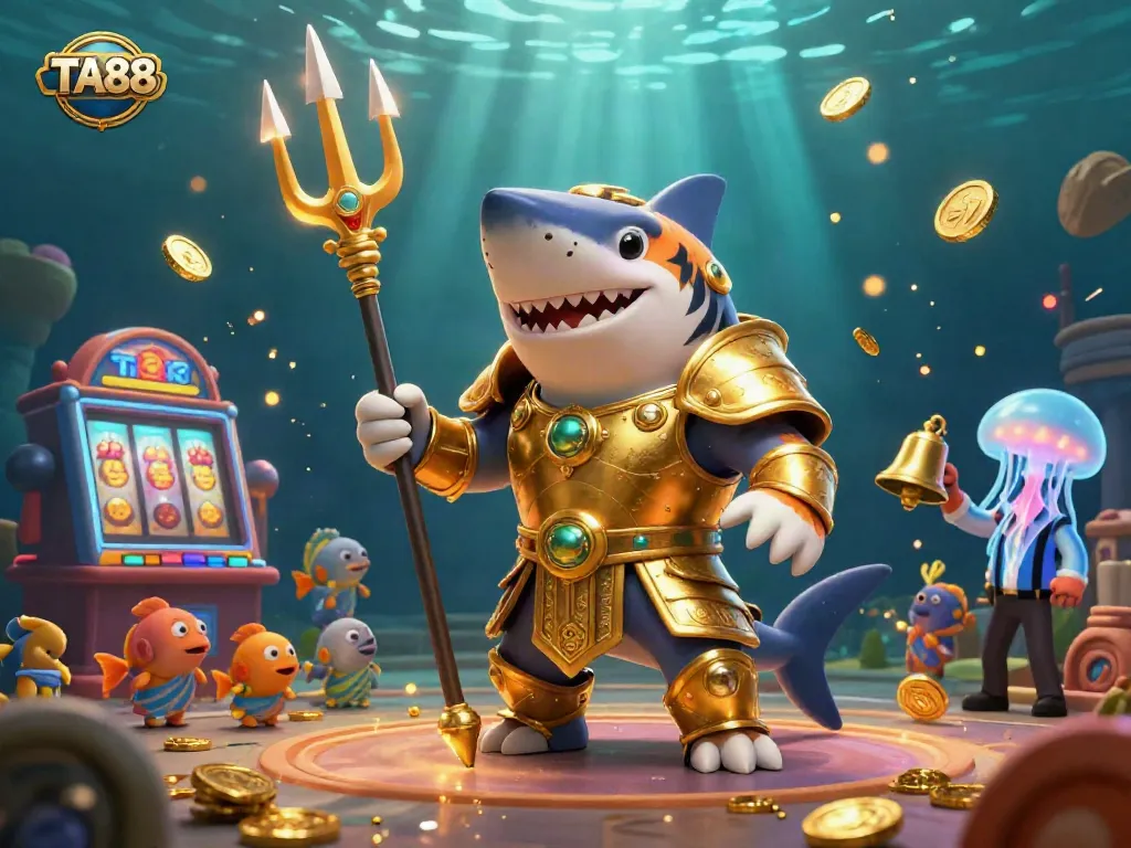 Engage with TA88 at an underwater colosseum, featuring a formidable shark in gladiator armor surrounded by slots and cheering fish.