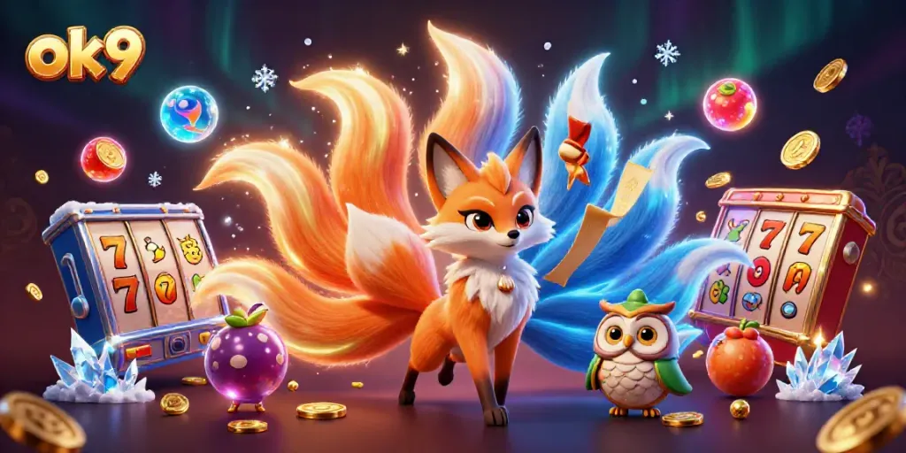 Engage with dynamic ok9 casino games in this colorful illustration of lively characters and gaming elements.