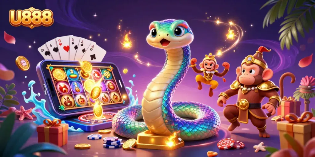 Engage with U888, showcasing a vibrant 3D illustration of slots, cards, and dynamic casino elements.