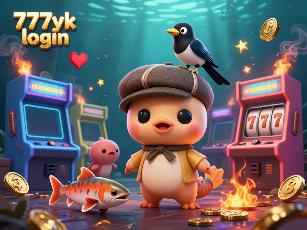 Engage with the exciting 777yk login experience through this vibrant 3D casino scene featuring playful cartoon characters.