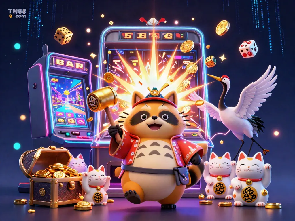 Celebrate big wins with TN88 com's vibrant casino scene featuring a lucky tanuki and fortune cats.