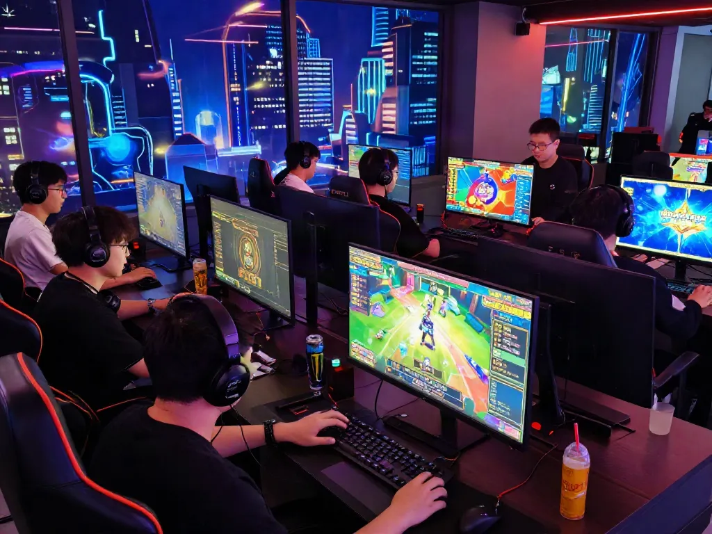 Players immersed in Lumbung88 online gaming competition in a vibrant lounge.
