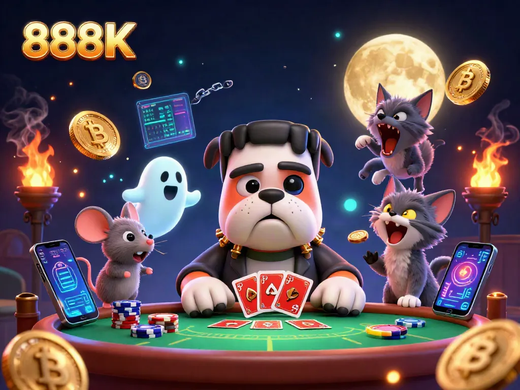 Engage with 888K's vibrant 3D casino scene featuring animated characters and crypto elements.