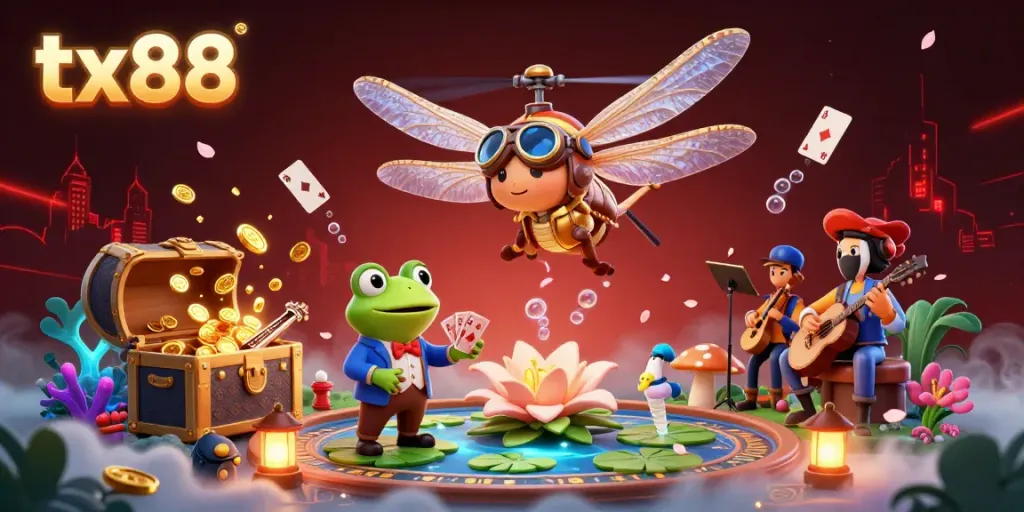 Engage in casino excitement with tx88 as a cartoon dragonfly pilot hovers over a lily pad casino, surrounded by lively characters.