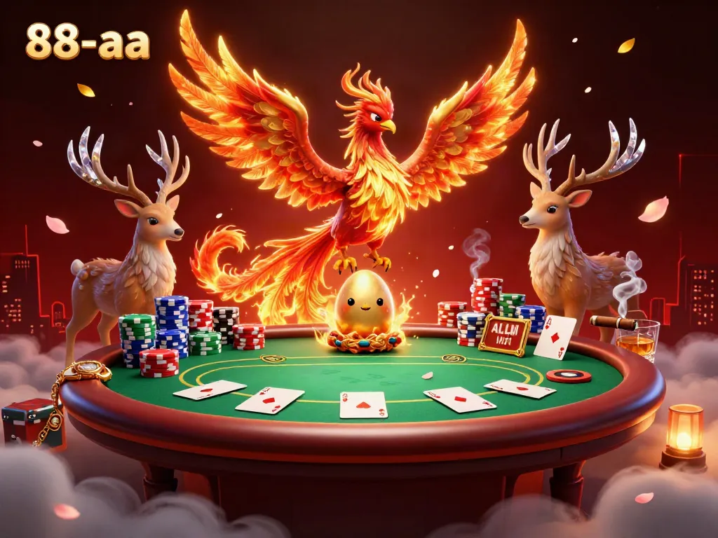 Experience thrilling moments at 88-aa with a stunning 3D phoenix and poker scene.