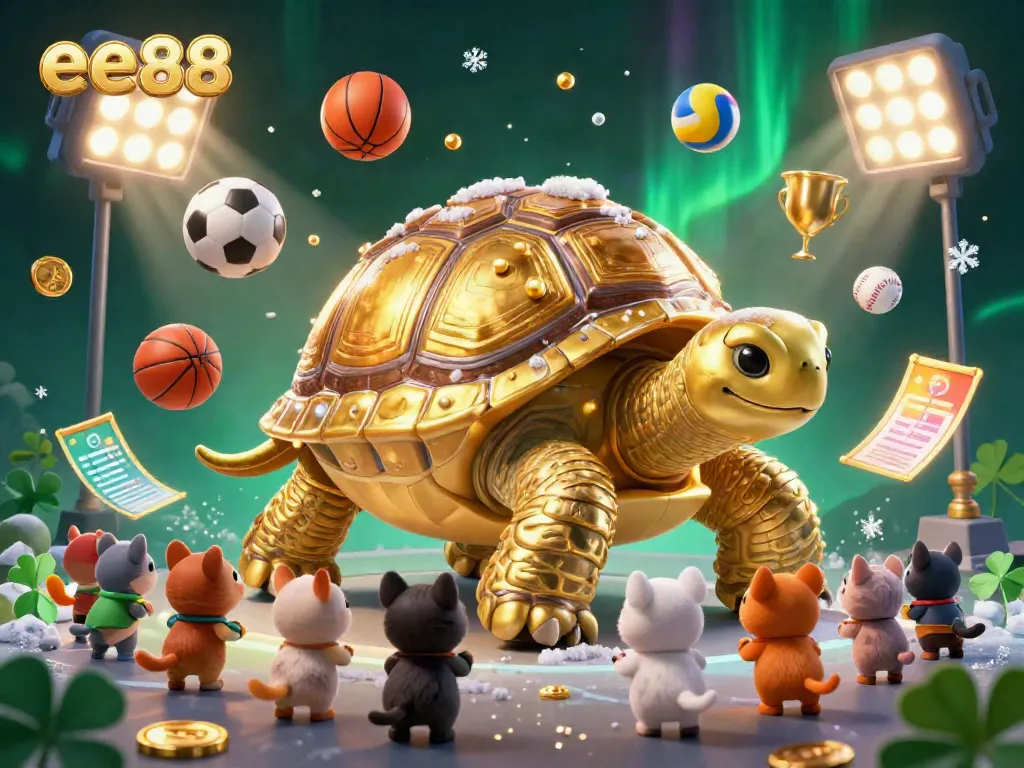 Experience the vibrant world of ee88 with golden tortoise pinball machine, sports balls, and trophies in a dynamic casino scene.