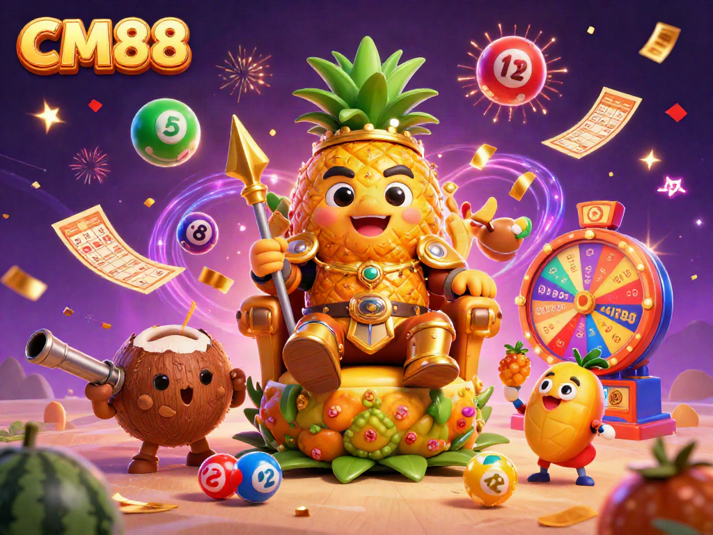 Experience the thrill of CM88 in this vibrant casino scene with colorful lottery elements.