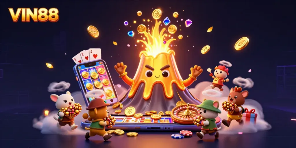Experience the excitement of VIN88 as the golden volcano erupts with treasures in this dynamic casino scene.