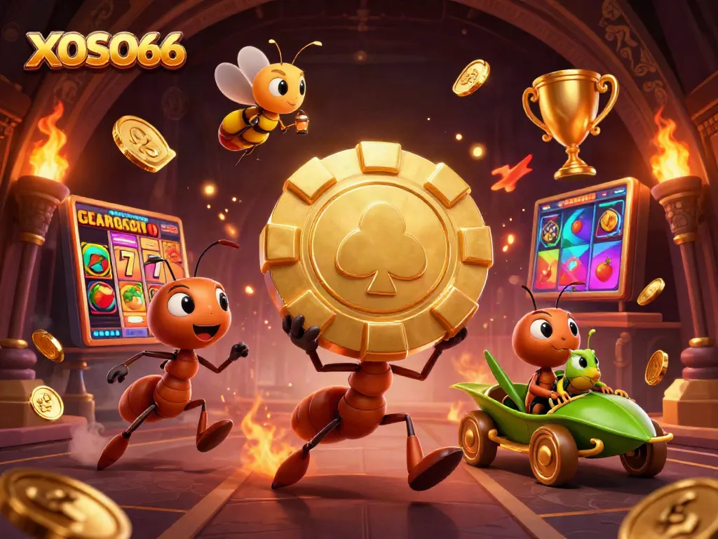 Engaging scene of XOSO66 showcasing a heist with ants, casino elements, and vibrant gaming details.