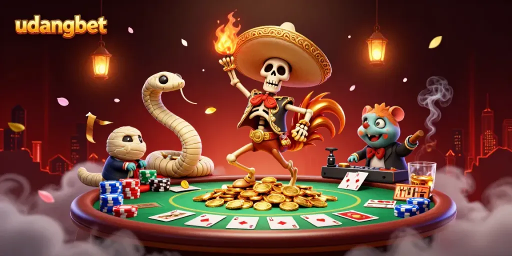 Experience udangbet excitement with a lively scene of playful characters dancing on golden coins around poker elements.